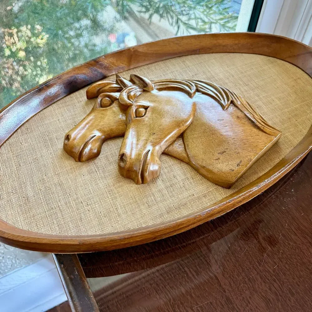 Vintage Carved Wood Horses over Burlp Wall Art in Oval Wooden Rustic Frame